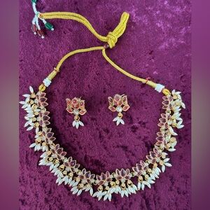 Elegant Gold and Pink kundan lotus and rice peat drops Necklace Set